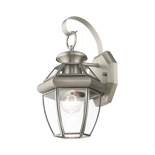Livex Lighting 2051-91 Monterey 1 Light Outdoor Brushed Nickel Finish Solid Brass Wall Lantern with Clear Beveled Glass - color: Brushed Nickel