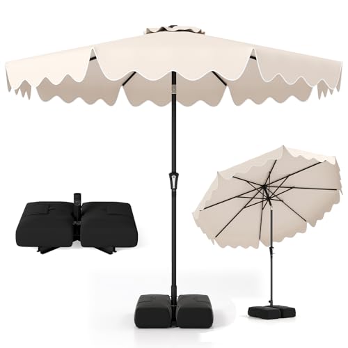 Tangkula 9 FT Patio Umbrella with Base Included, 2-Tiers Outdoor Scalloped Table Umbrella with 2 Sandbags, Tilt Adjustment, Crank, 8 Ribs for Market Backyard Pool Deck Beach Lawn - color: Beige, size: 9 FT