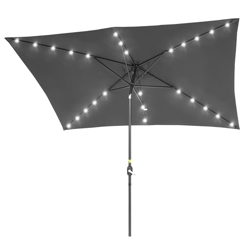 Rectangle Patio Umbrella with Solar Lights, 10 x 6.5ft Rectangular Outdoor Umbrella Table Market Patio Umbrella with Push Button Tilt and Crank for Garden, Deck, Backyard, Pool - color: Anthracite