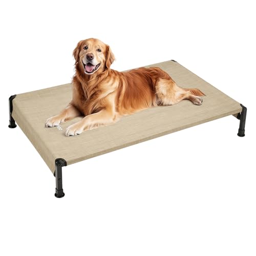 Veehoo Cooling Outdoor Dog Bed, Heavy Duty Elevated Pet Bed with Washable & Breathable Teslin Mesh, Non-Slip Silicon Feet, Dog Cot Bed with Support Hem, 47" x 29", Beige Coffee, CWC2433 - color: Beige Coffee - Hem, size: 47.0"l X 29.0"w X 8.0"th