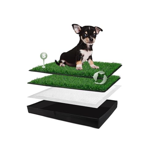 HQ4US 4LEGS Dog Grass Pad with Foldable Dog Litter Box, Small Liner Base (23”×15”) for Balcony, 2 Artficial Grass Pee Pads for Dogs, Pee Pad Holder, Potty Training - size: Small for Dog＜ 19" Length