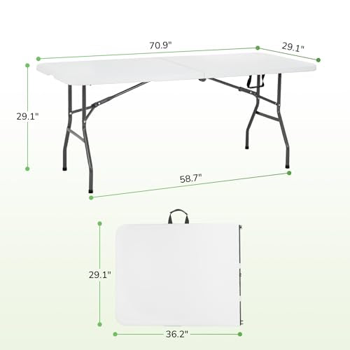 PayLessHere | 6FT Folding Table | Portable Plastic Table with Carry Handle | Waterproof & Foldable Table Design | Steel Frame with Lock | White | for Events, Camping, Indoor & Outdoor Use - color: White, size: 6 FT