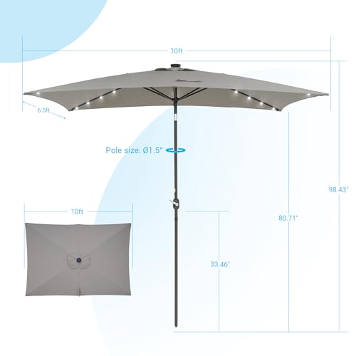 Rectangle Patio Umbrella with Solar Lights, 10 x 6.5ft Rectangular Outdoor Umbrella Table Market Patio Umbrella with Push Button Tilt and Crank for Garden, Deck, Backyard, Pool - color: Senior Ash