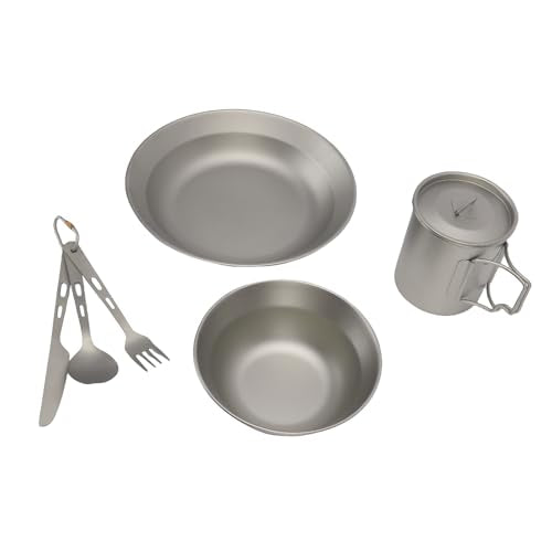 RiToEasysports Camping Utensils, Stainless Steel Cutlery Set with Plate Bowl Cup, Outdoor Dining Set for Hiking, Picnics, Backpacking, and Family Camping Adventures