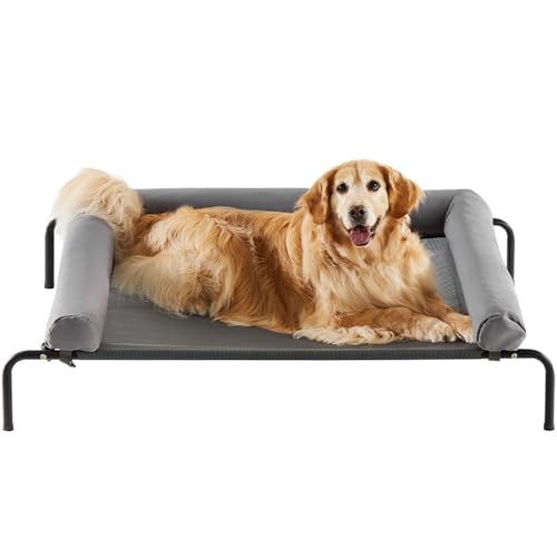 RRPETHOME Large Elevated Cooling Dog Bed, Raised Pet Cot Beds for Large Dogs, Elevated Outdoor Dog Bed, Chew Proof Portable Cooling Pet Cot with Skid-Resistant Feet and Breathable Mesh - color: Grey, size: 36.0"L x 26.0"W x 8.0"Th