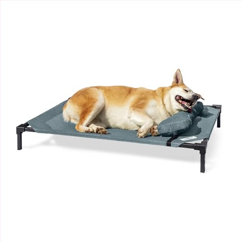 Coolaroo Pro Elevated Dog Bed with HeatShield Fabric – Advanced Cooling Raised Cot for Medium & Large Breeds, Easy-Clean, Low-to-Ground Access, Bonus Bolster Pillow – Pacific Crest Blue - color: Pacific Crest Blue, size: Large