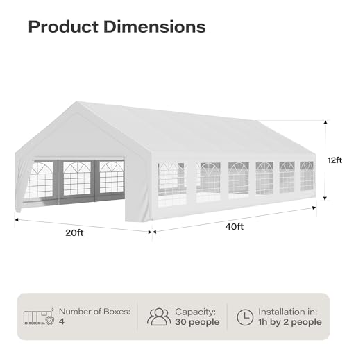 LAUSAINT HOME 20x40 Party Tent with 150ft Lights, Heavy Duty Waterproof Canopy with Removable Sidewalls & Roll-Up Door, Large White Event Shelter with Steel Frame for Wedding, Backyard, BBQ, Camping - size: 20x40 with 150ft Lights
