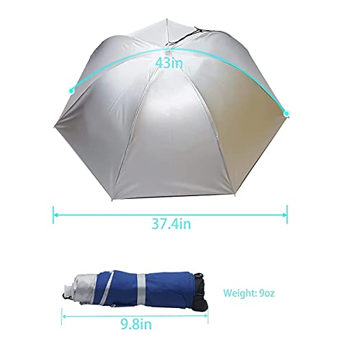 Umbrella Hat, 37 inch Fishing Umbrella Hat Hands Free Foldable UV Protection Umbrella Cap Adjustable Headwear for Fishing Golf Camping Beach Gardening Sunshade Outdoor - color: Silver-Blue