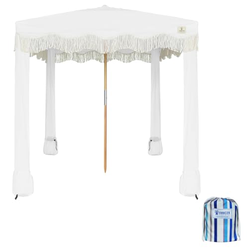 AMMSUN Beach Cabana with Blanket, 7' x 7' Boho Canopy with Tassels, Premium Wood Pole, Fringe Cabana Tent with Sand Pockets, Instant Sun Shade for Sand, Garden, Outdoor, Elegant White - color: Elegant White with Colorful Beach Blanket