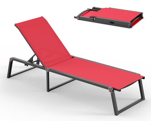 Aluminum Chaise Lounge Chair Outdoor, Foldable& No Assembly Patio Pool Lounge Chairs 5-Position Recliner for Outside, Fully Grounded Legs Sun Lounger for Poolside, Red - color: Red, size: 1