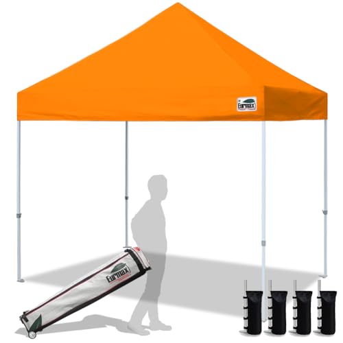 Eurmax USA 8x8ft Pop Up Canopy, Commercial Instant Tent for Outdoor Events, Patented No-Tip Rolling Storage Bag with 4 Sandbags, UV & Water Resistant, Heavy Duty Portable Shelter Gazebo,Orange - color: Orange, size: 8x8