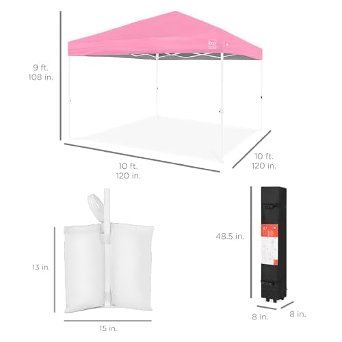 Best Choice Products 10x10ft Pop Up Canopy Tent, Outdoor Shade, 1 Person 1 Minute Set Up, Carry Case, 4 Weight Bags - Pink/White - color: Pink/White, size: 10x10ft