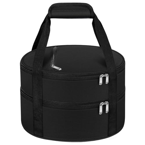 Round Double Insulated Casserole Carrier – 12" Portable Pie Carrier Bag for Hot or Cold Food, Leakproof Thermal Lunch Tote with Handle for Parties Picnic & Travel - Black - color: Black, size: Double