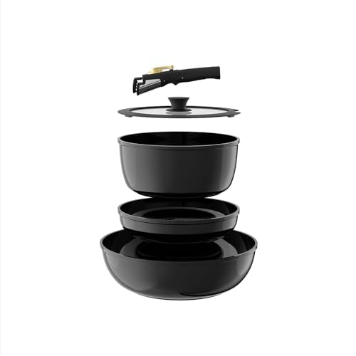 Pots and Pans Set Non Stick, Ceramic Cookware Set Detachable Handle, RV Camping Kitchen Cooking Set Removable Handles, Dishwasher/Oven/Fridge Safe, Induction, Space Saving，Black Gold - color: Black/Gold