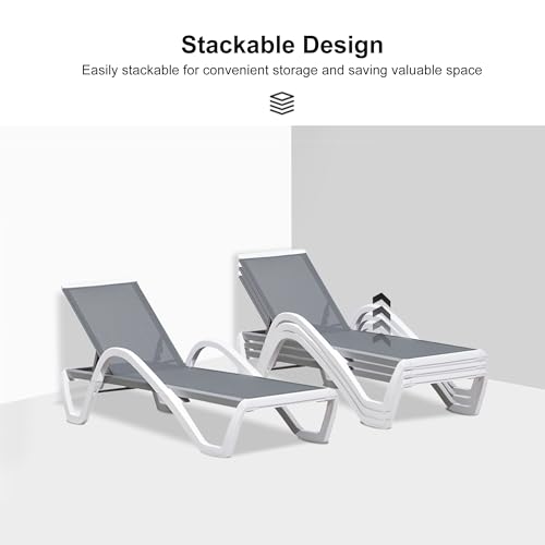 PURPLE LEAF Patio Chaise Lounge Chair Set Outside Aluminum Plastic Stackable Tanning Chairs with Armrests and Side Table for Pool Sunbathing Beach Deck Outdoor Lounger, Grey - color: Grey, style: 1 chair(w/Arms) + 1 table