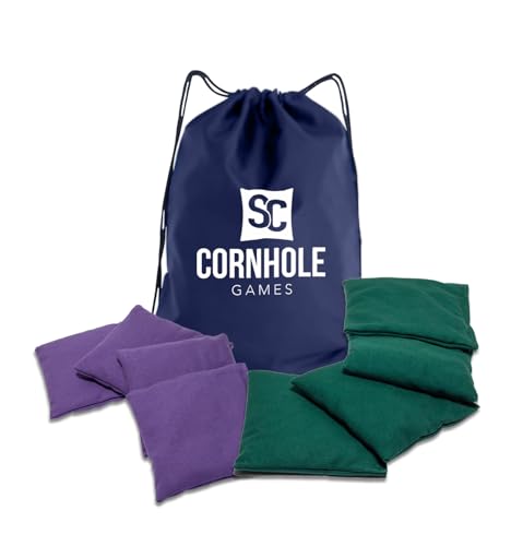 Weather Resistant Cornhole Bags (Set of 8) with Heavy Duty Tote - Professional Regulation 16oz Size & Weight - color: Purple/Green