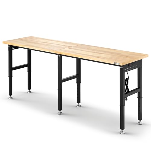 WORKPRO 96x24" Heavy-Duty Adjustable Workbench, 4000LBS Load Capacity Work Table with Power Outlet & Pegboard, Rubber Wood Top Workstation with Leveling Foot for Garage, Workshop - size: 8FT workbench