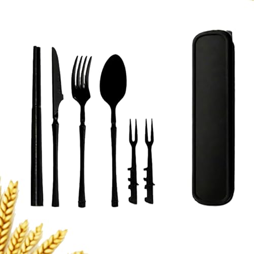 Wheat Straw Portable Utensils with Case, Reusable Travel Cutlery Set - Plastic for Work School Adults or Daily Use Lunch Box Utensil Set (Black) - color: Black