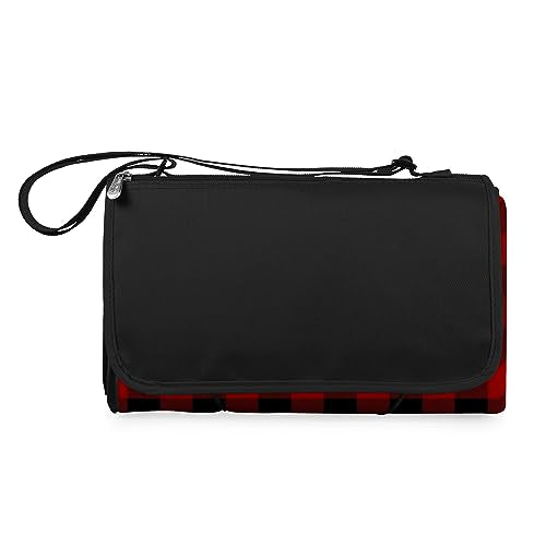 PICNIC TIME Outdoor Picnic Blanket Tote, 59"x51" Foldable Beach & Camping Blanket with Soft Fleece, Water-Resistant Bottom, Adjustable Strap & Zippered Pocket (Red & Black Buffalo Plaid) - color: Red/Black Buffalo Plaid