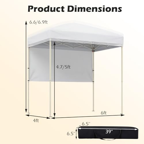 Tangkula 6x4 Ft Pop Up Canopy, UPF 50+ Instant Setup Canopy Tent with Sidewall, 4 Stakes, Portable Outdoor Canopy with Carrying Bag for Camp, Beach, Patio (White) - color: White