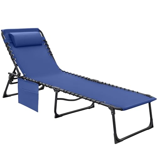 Flamaker Foldable Chaise Lounge Chair 5-Position Adjustable, Tanning Chair with Side Pocket, Outdoor Sunbathing for Pool, Beach, Patio, Lawn, Indoor Recliner Chair for Napping(Blue, 1 Pcs) - color: Blue, style: Normal, 1 Pcs