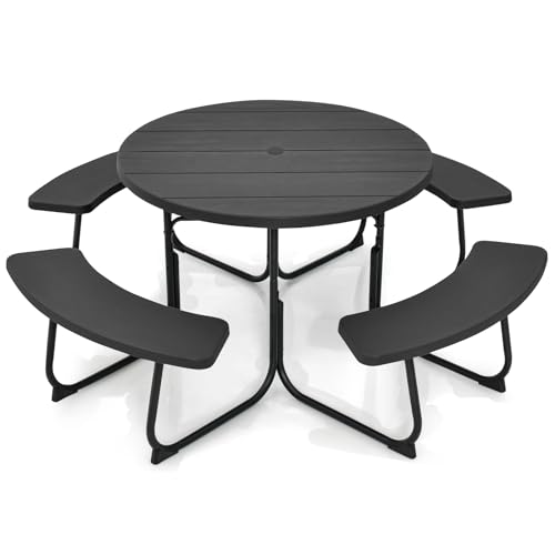 Tangkula 8 Person Picnic Table, Outdoor Round Picnic Table with 4 Built-in Benches, Umbrella Hole, Metal Frame & HDPE Tabletop, Outside Table and Bench Set for Backyard, 2300lbs Weight Capacity - color: Black