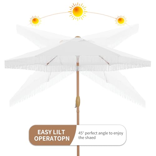 GDY 7.5FT Tassel Patio Umbrella Outdoor Table Umbrella,Market Umbrella with 6 Sturdy Ribs, with Push Button Tilt and Crank for Garden, Lawn, Deck, Backyard & Pool (Bright White) - color: Bright White, size: Umbrella Only