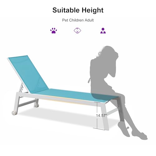 PURPLE LEAF Patio Lounge Chair 2 Pieces White Aluminum Outdoor Chaise Lounge for Pool Backyard Beach with Wheels and Table, Turquoise - color: Turquoise, style: Standard Inclining-leg