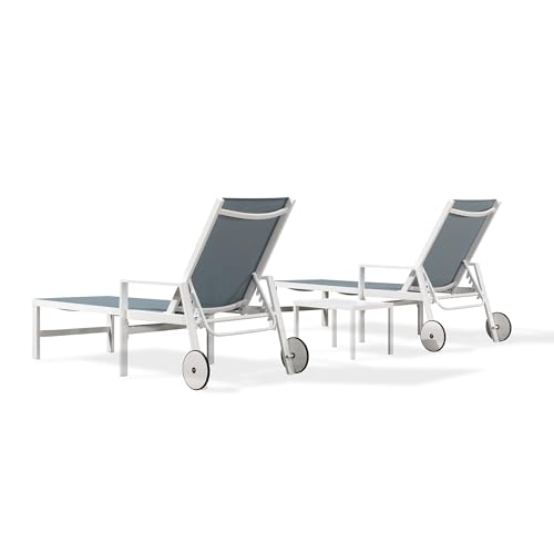 PURPLE LEAF Lounge Chair Outdoor Set 2 Pieces White Aluminum Chaise Lounge with Armrest and Wheels for Pool Deck Patio, Steel Blue - color: Steel Blue, style: Straight-leg w/ Armrest