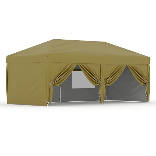 10X20 Pop Up Canopy Tent with 6 Sidewalls – Heavy Duty Commercial Instant Shelter, One-Person Quick Setup Outdoor Party Tent, Water-Resistant & Portable, Khaki - color: Khaki