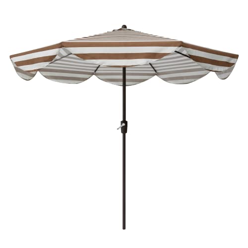 Tempera 9ft Auto Tilt Scalloped Patio Umbrellas Outdoor Table Umbrellas with Fade Resistant Canopy, 8 Sturdy Rids, Luxurious Vintage Umbrellas for Lawn, Pool, Deck, Balcony - color: Beige Khaki Stripe, size: 9 FT