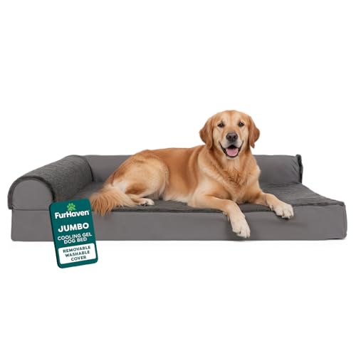 Furhaven Cooling Gel Dog Bed for Large Dogs w/ Removable Bolsters & Washable Cover, For Dogs Up to 95 lbs - Plush & Velvet L Shaped Chaise - Platinum Gray, Jumbo/XL - color: (Plush & Velvet) Platinum Gray, size: Jumbo