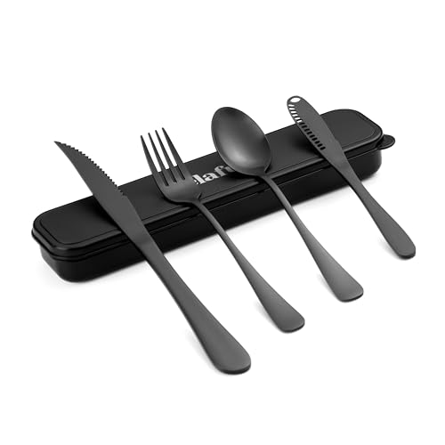 5-pieces Travel Set with Case Portable Silverware Utensils Set for work, Stainless Steel Reusable Flatware Set Cutlery Set for Camping Picnic Hiking Office, (matte black, 5.9) - color: Matte Black, size: 5.9 inch