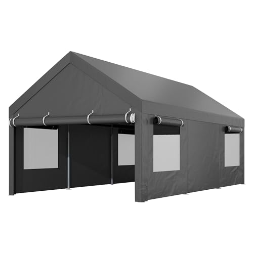 10x20 FT Heavy-Duty Design Carport,Portable Garage Canopy,Carport Canopy with Side-Opening Removable Door & Roll-Up Window,Portable Car Port for Car, Truck, Boat, Black/Gray - color: Black/Gray, size: 10' X 20'