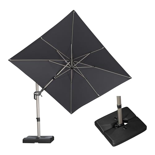 PURPLE LEAF 8' X 10' Left-right Tilting Patio Umbrella with Base Outdoor Swivel Cantilever Offset Aluminum Umbrella with Champagne Frame and 360-degree Rotation for Garden Deck Pool, Grey - color: Gray, size: 8' x 10'(Tilt)