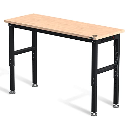 WORKPRO 60" Adjustable Workbench, Rubber Wood Top Heavy-Duty Workstation, 2000 LBS Load Capacity Hardwood Worktable with Power Outlets, for Workshop, Garage - size: 5ft Workbench