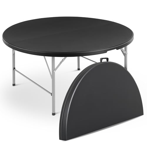 Magshion 60" Round Folding Table, 5 Feet Bi-Folding Plastic Commercial Dining Card Table w/Carrying Handle for Outdoor Wedding Party Event Picnic, Black - color: Black, size: 5Ft