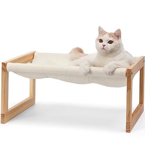 FUKUMARU Cat Bed Hammock, Cozy Velvet Cat Couch for Indoor Cats, Raised Wooden Cats Perch, 21 Inch Pet Sofa, Outdoor Dog Beds, Suitable for Puppy, Bunny and Small Animal, White - color: White