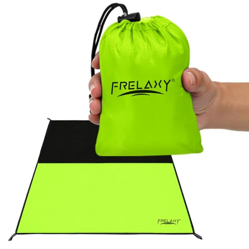 Frelaxy Pocket Picnic Blanket, Waterproof Sandproof Beach Mat, Compact Camping Tarp for Festivals, Hiking, Travel, Outdoor Recreation (Neon Green & Black, 57'' x 71'') - color: Neon Green & Black, size: 57'' X 71''