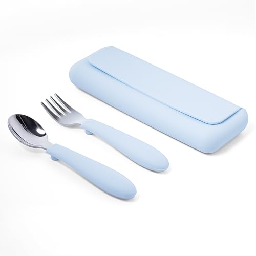 ASOMIC Premium 316 Stainless Steel Toddler Utensils with Silicone Handles & Travel Case, Kids Spoon & Fork Set for Toddler Self Feeding at Daycare, Preschool & School, BPA-Free, Dishwasher Safe - color: Sky-Blue