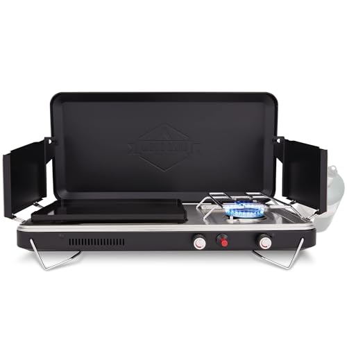 Hike Crew 2-in-1 Gas Camping Stove and Griddle, Portable Propane Burner w/Integrated Igniter & Stainless Drip Tray | Built-in Carrying Handle, Foldable Legs & Wind Panels | Includes Regulator - color: Black