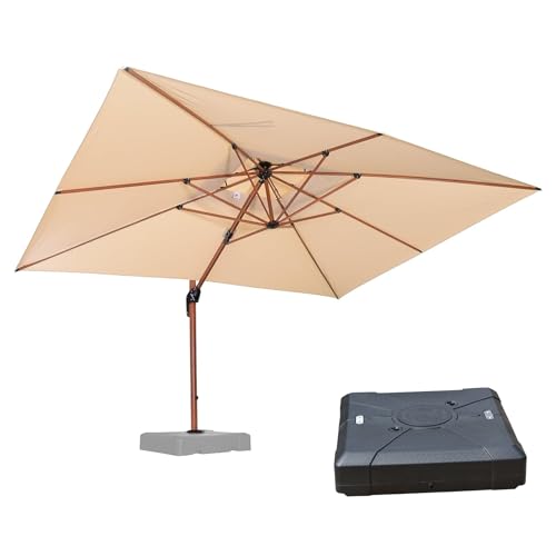 PURPLE LEAF 10' X 13' Double Top Deluxe Wood Pattern Rectangle Patio Umbrella with Base Offset Hanging Umbrella Outdoor Market Umbrella Garden Umbrella, Beige - color: Beige, size: 10'X13', style: Base Included