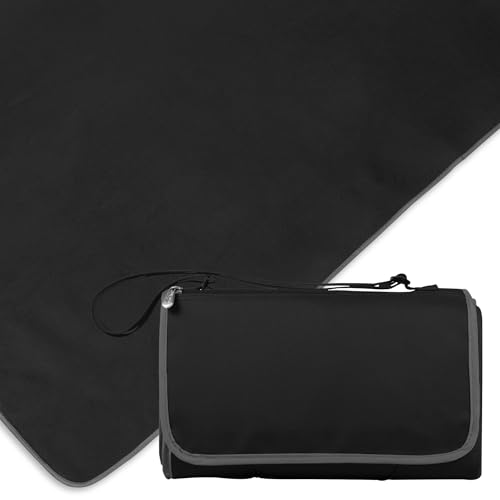 PICNIC TIME Outdoor Picnic Blanket Tote, 59"x51" Foldable Beach & Camping Blanket with Soft Fleece, Water-Resistant Bottom, Adjustable Strap & Zippered Pocket (Black with Black Exterior) - color: Black