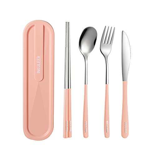 Travel cutlery set, 18/8 stainless steel cutlery, Reusable utensils set with case, Portable Silverware Lunch Box for Camping and Office (Pink/knife set) - color: Pink