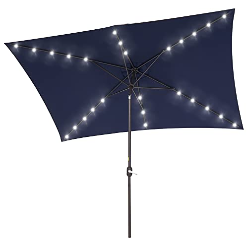 Rectangle Patio Umbrella with Solar Lights, 10 x 6.5ft Rectangular Outdoor Umbrella Table Market Patio Umbrella with Push Button Tilt and Crank for Garden, Deck, Backyard, Pool - color: Navy