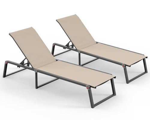 Aluminum Chaise Lounge Chair Outdoor, Foldable& No Assembly Patio Pool Lounge Chairs 5-Position Recliner for Outside, Fully Grounded Legs Sun Lounger for Poolside, Khaki, 2 Pack - color: Khaki, size: 2