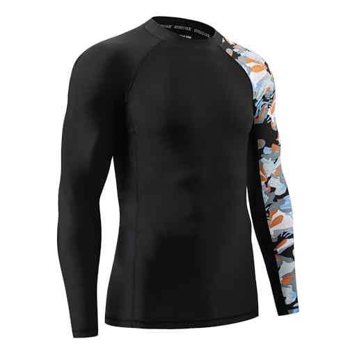 HUGE SPORTS Men's Rash Guard Long Sleeves UPF 50+ UV Sun Protection Quick Drying Splice Compression Swim Shirts - color: Camo Black, size: Small