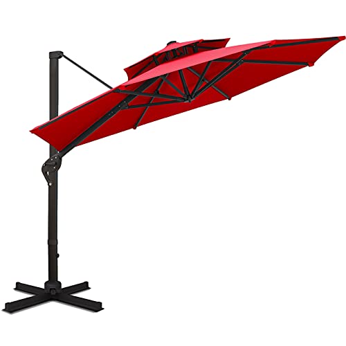 Sunnyglade 11FT Double Top Cantilever Patio Umbrella Deluxe Offset Umbrella 360° Rotation & Integrated Tilting System Heavy Duty Outdoor Umbrella for Market Garden Deck Pool Backyard Patio(Red) - color: Red