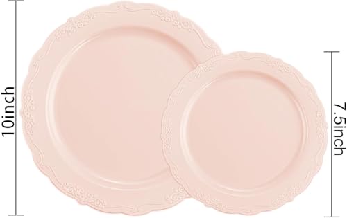 U-QE 100PCS Mauve Pink Plastic Plates - Heavy Duty Pink Disposable Plates for Mothers Day, Party, Baby Shower, Wedding - Serving 50 Guests Include 50PCS 10'' Dinner Plates & 50PCS 7.5'' Dessert Plates - color: Mauve Pink