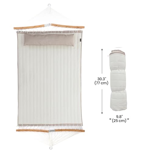 SONGMICS Hammock, Quilted Hammock with Curved Bamboo Spreaders, Pillow, 78.7 x 55.1 Inches, Portable Padded Hammock Holds up to 495 lb, Cream and Beige UGDC34BE - color: Cream + Beige